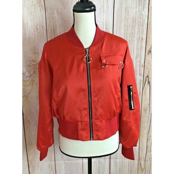 Max Martin Red Satiny Cropped Bomber Jacket Sz L - Picture 12 of 12
